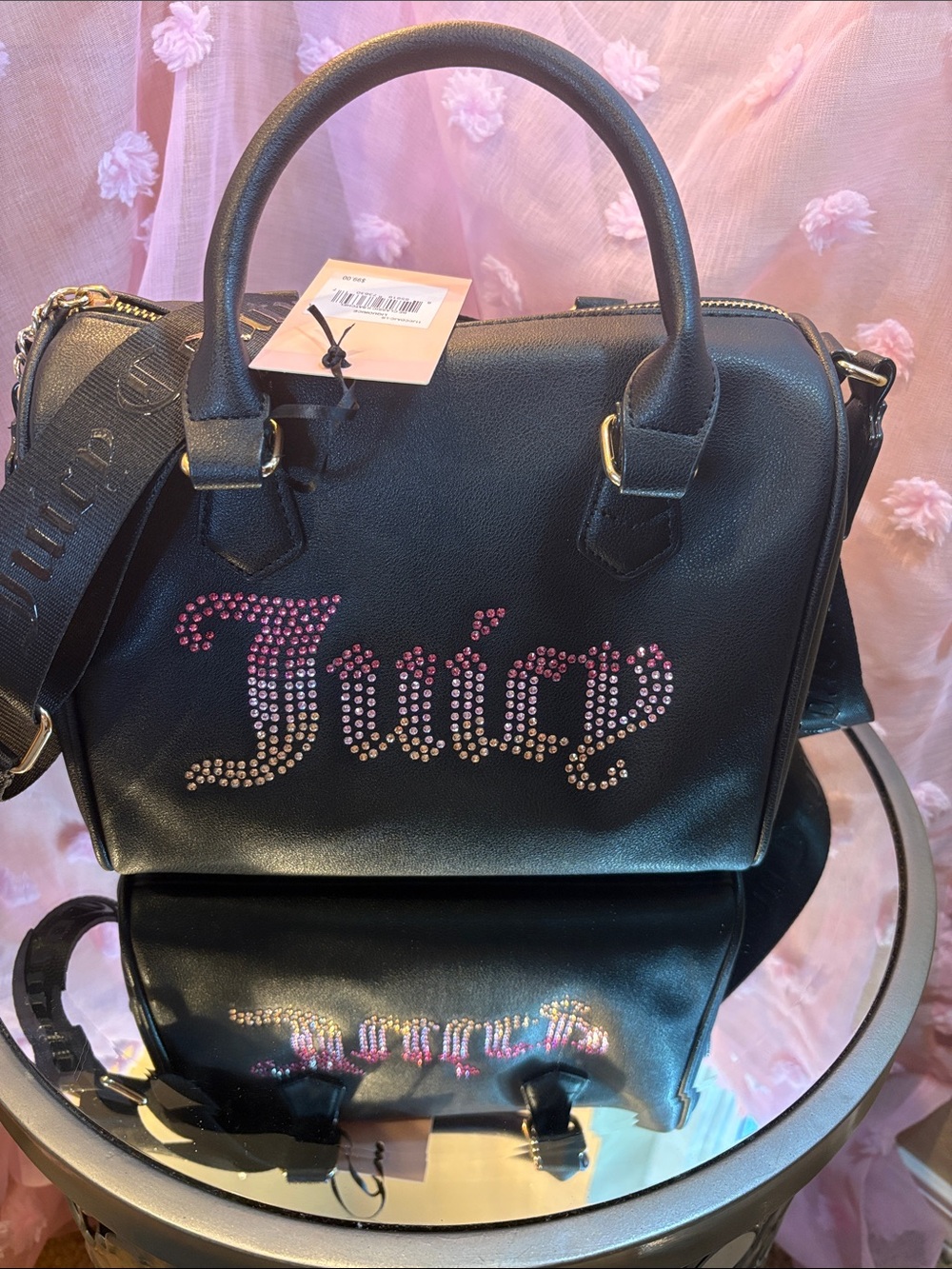 Juicy Couture Black Satchel with Pink Crystal 'Juicy' Logo